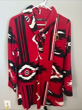 Lauren Ralph Lauren Fleece Red Black White Geometric Long Sleeve Polo